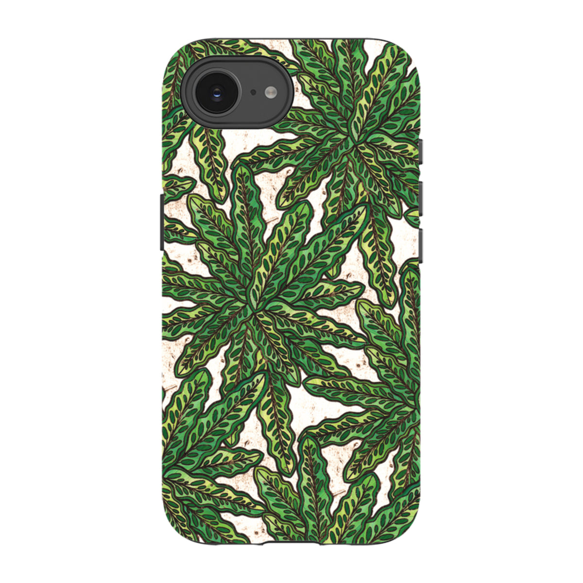 iPhone tough case featuring a green floral botanical pattern by Amelia Bowman on a durable dual-layer protective shell.