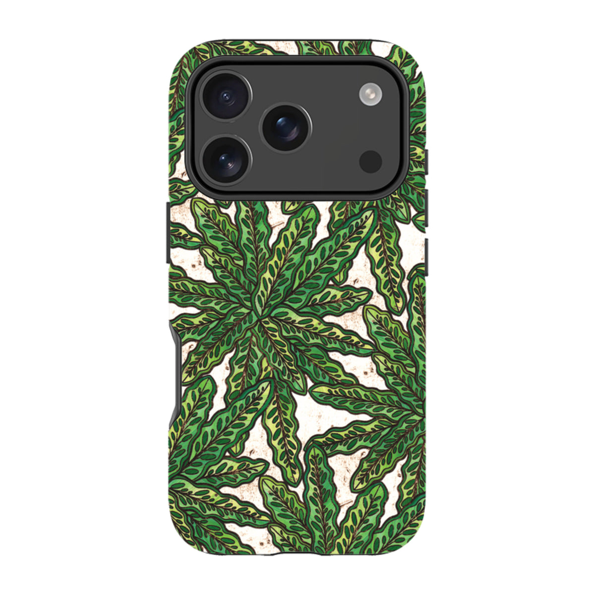 iPhone tough case featuring a green floral botanical pattern by Amelia Bowman with a protective dual-layer design.