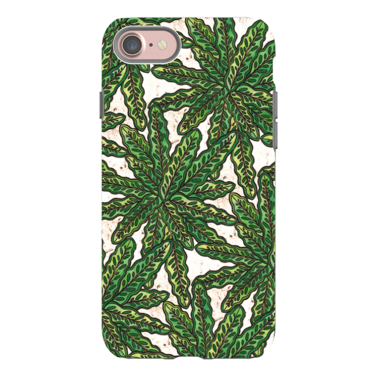 Durable iPhone tough case featuring a green floral leaf pattern by Amelia Bowman on a textured cream background.