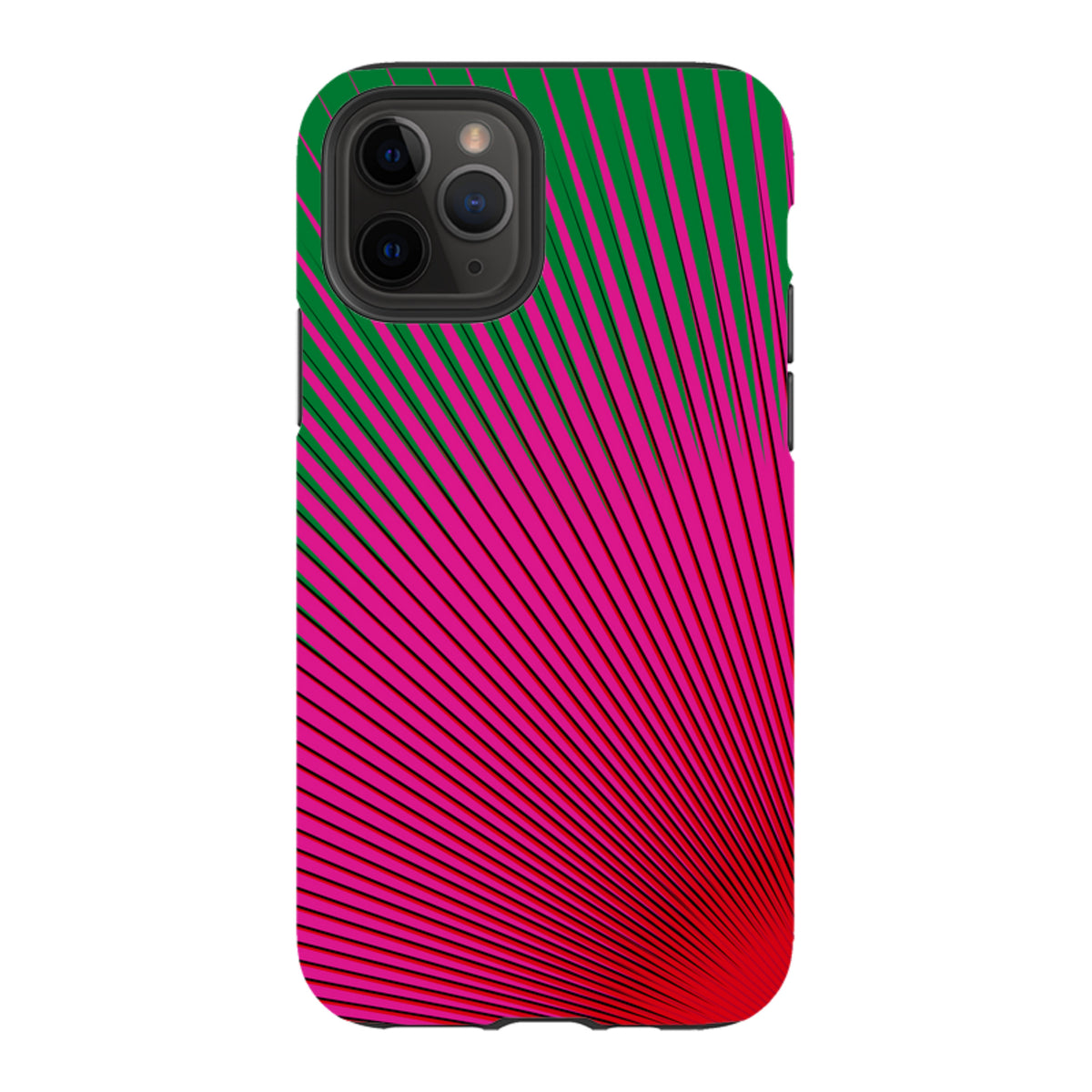 iPhone tough case with a vibrant green and hot pink radial sunburst pattern and dual-layer protective shell.