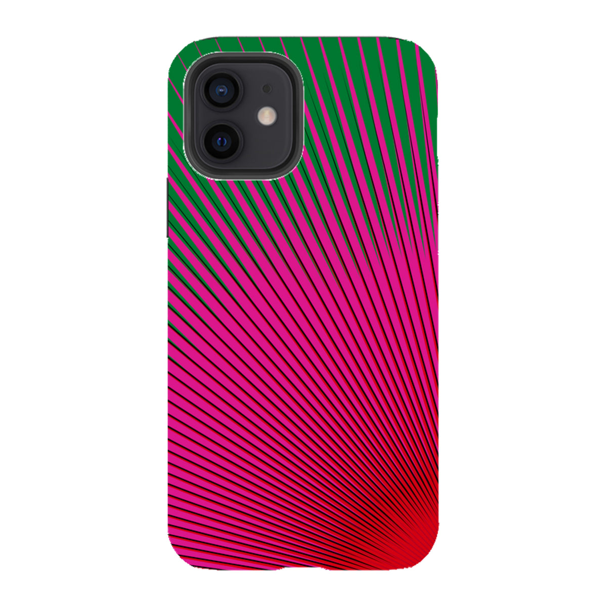 iPhone tough case with a vibrant pink and green radial sunburst pattern by Kitty Joseph, featuring dual-layer protection.