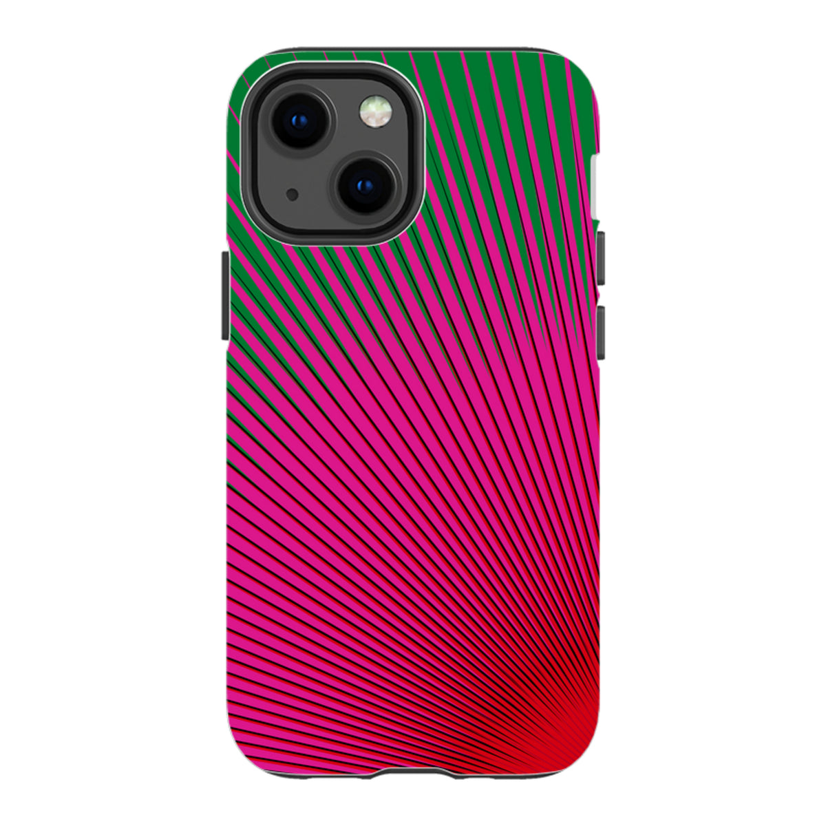 iPhone tough case with a vibrant green and hot pink radial sunburst pattern by Kitty Joseph.