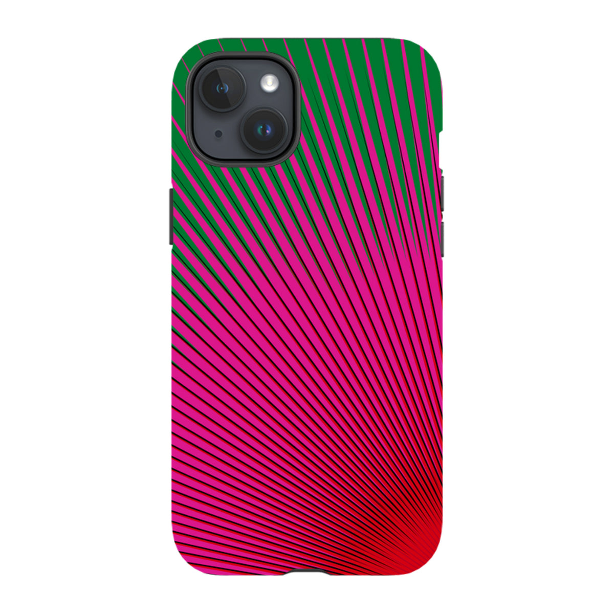 iPhone tough case featuring a vibrant pink and green sunburst pattern by Kitty Joseph with dual-layer protection.