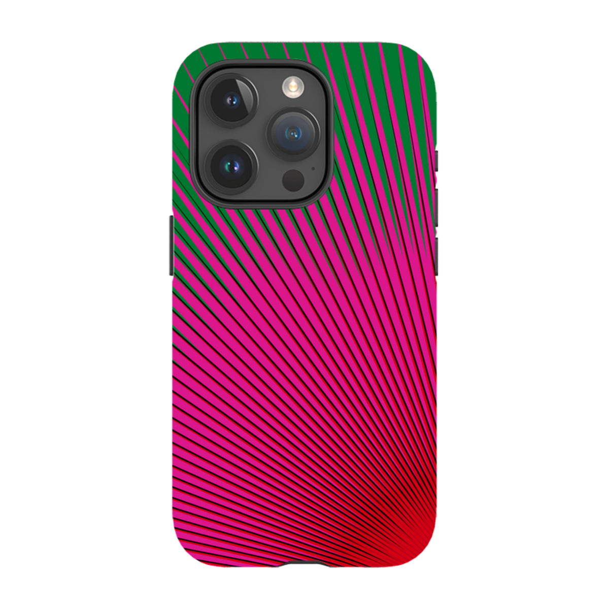 iPhone tough case with a vibrant green and hot pink radial sunburst pattern by Kitty Joseph, featuring dual-layer protection.