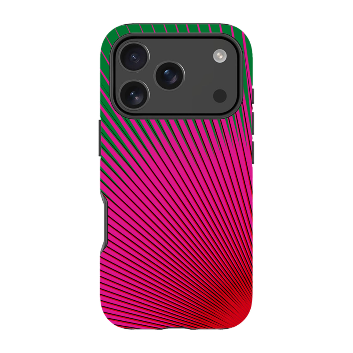 iPhone tough case with a vibrant pink and green sunburst cactus pattern and durable dual-layer protective shell.