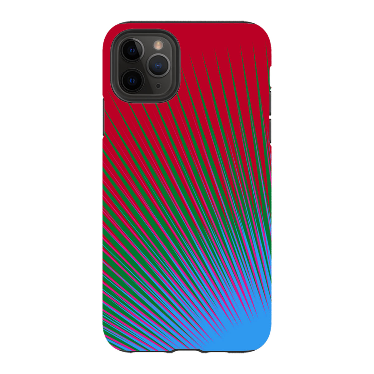 iPhone tough case featuring Kitty Joseph's Halos Firework design with vibrant red, green, and blue radial sunburst lines.