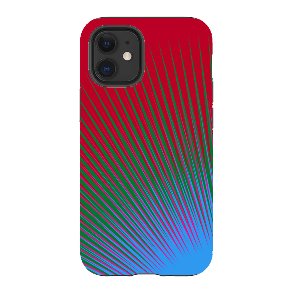 iPhone tough case with a vibrant red, green, and blue firework burst pattern and dual-layer protective design.