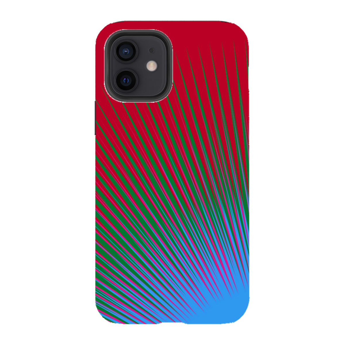 iPhone tough case with a red, green, and blue firework-inspired radial pattern and dual-layer protective design.