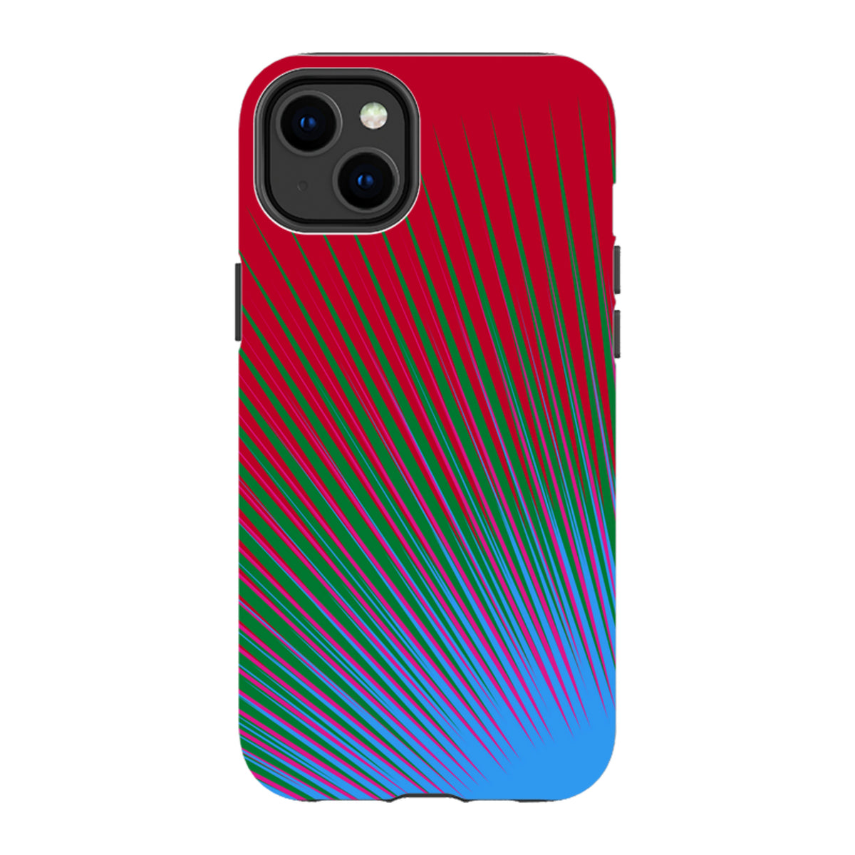 iPhone Tough Case featuring a vibrant red, green, and blue firework-inspired radial pattern by Kitty Joseph.