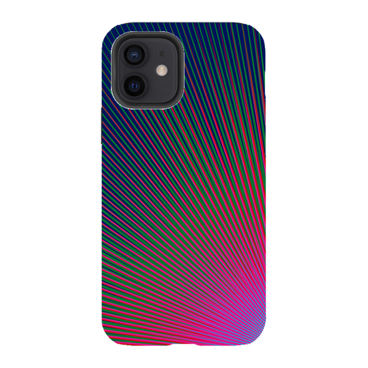 iPhone tough case with a vibrant Halos Star radial line pattern in pink, green, and blue on a durable dual-layer shell.