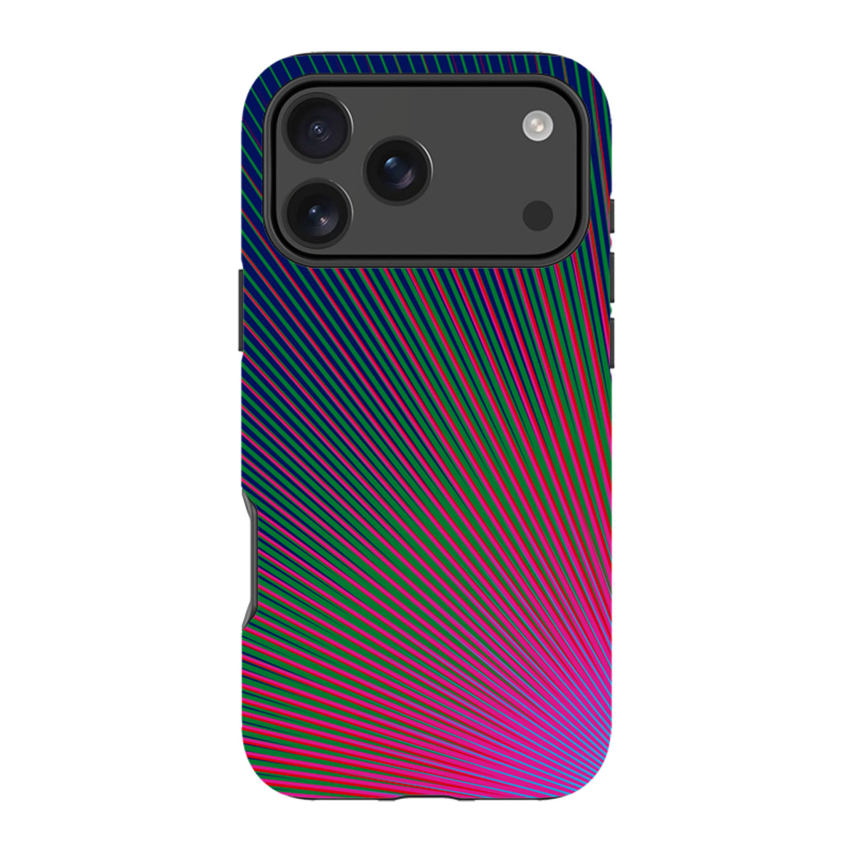 iPhone tough case featuring Kitty Joseph’s Halos Star design with vibrant pink and green radial lines on a dark background.