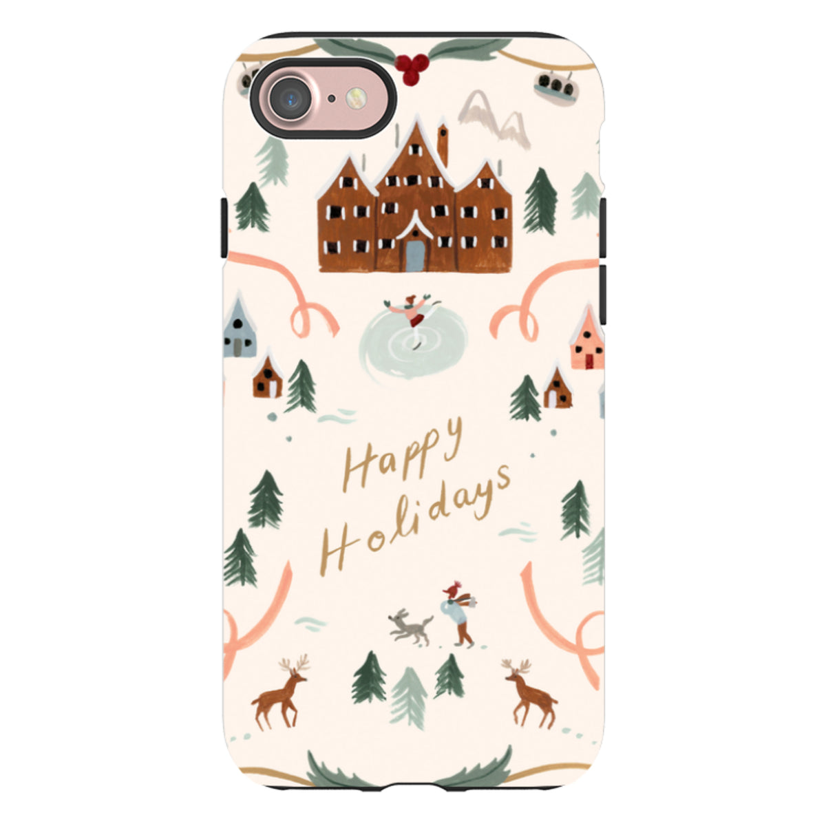 Dual-layer iPhone tough case featuring a festive Happy Holidays winter scene with a chalet, reindeer, and pine trees.