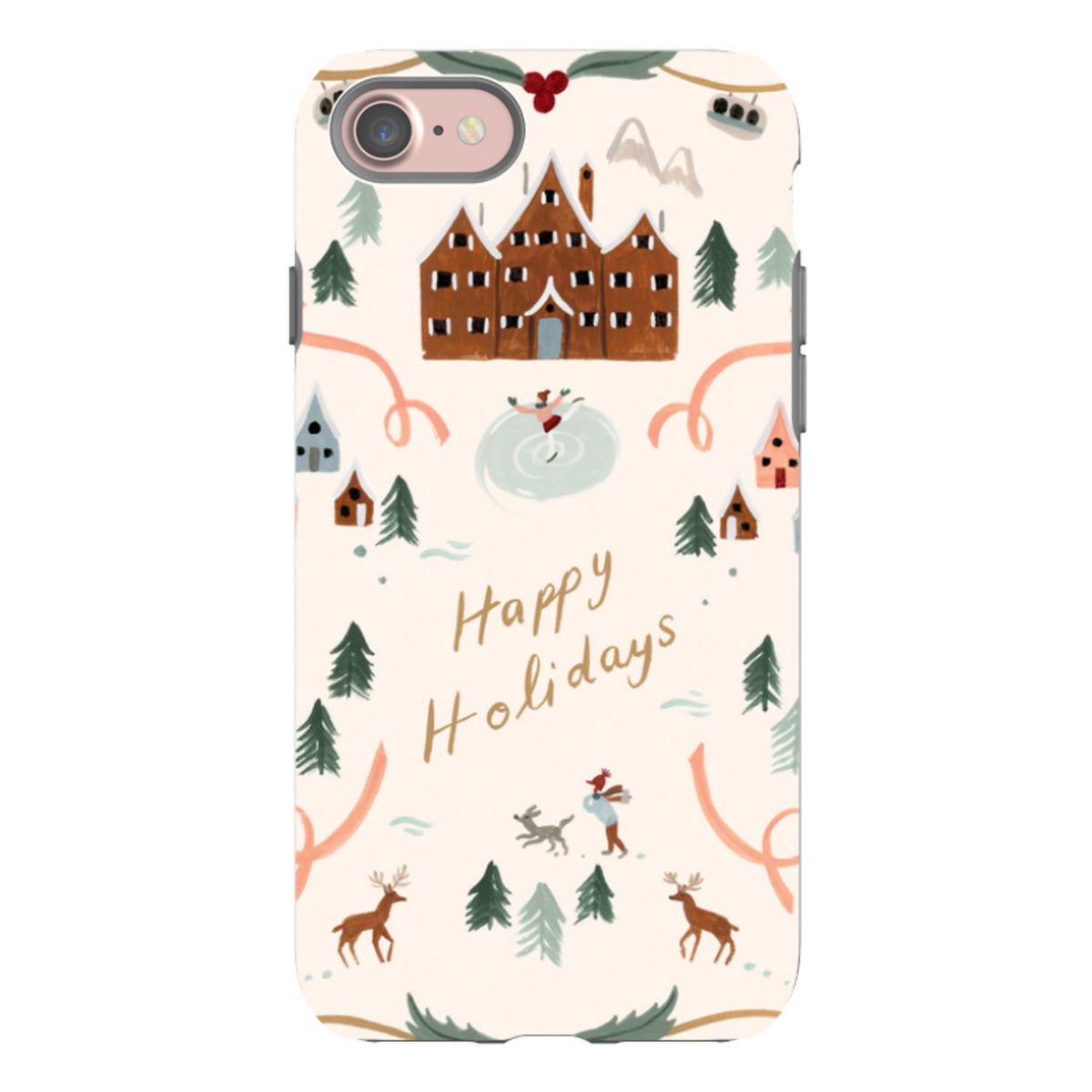 iPhone tough case with cream background, festive winter village art, and Happy Holidays text in a dual-layer design.
