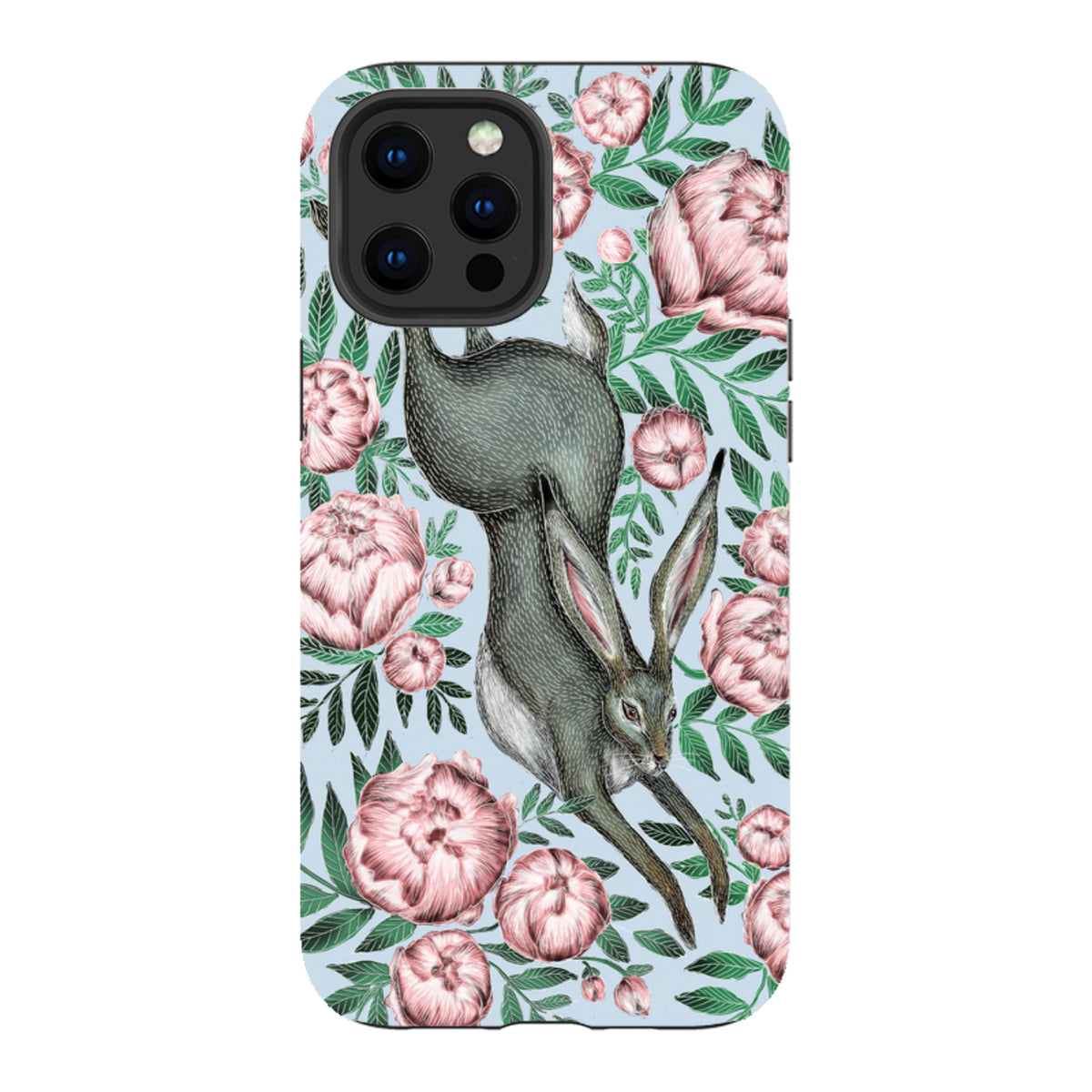 iPhone tough case featuring a grey hare surrounded by pink peonies and green leaves on a light blue background.