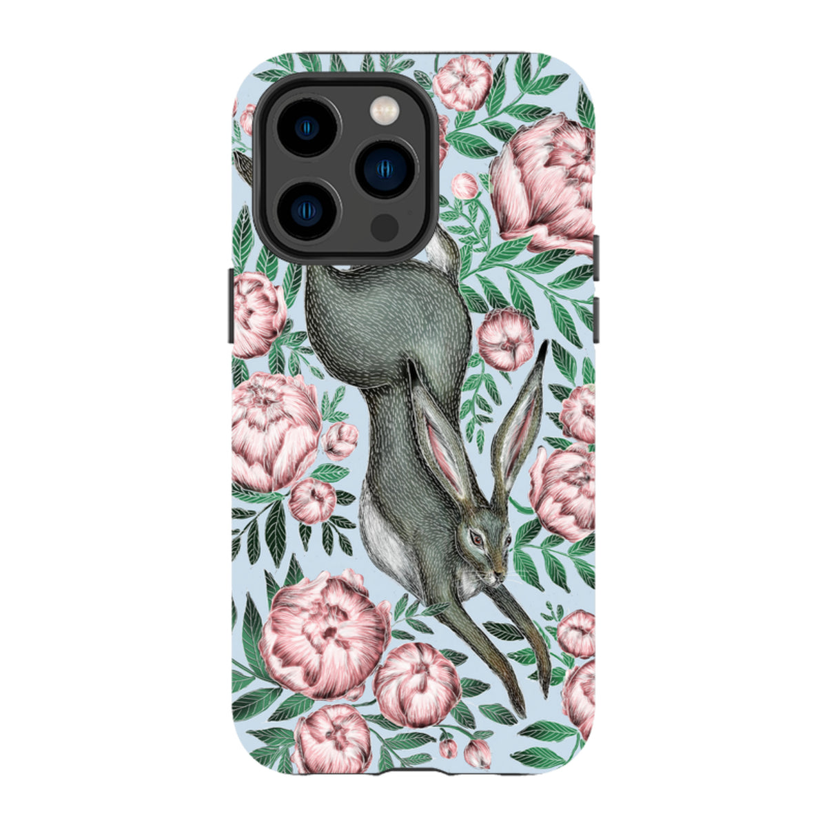 Dual-layer iPhone case featuring a grey hare and pink peonies on a light blue background with a protective camera cutout.