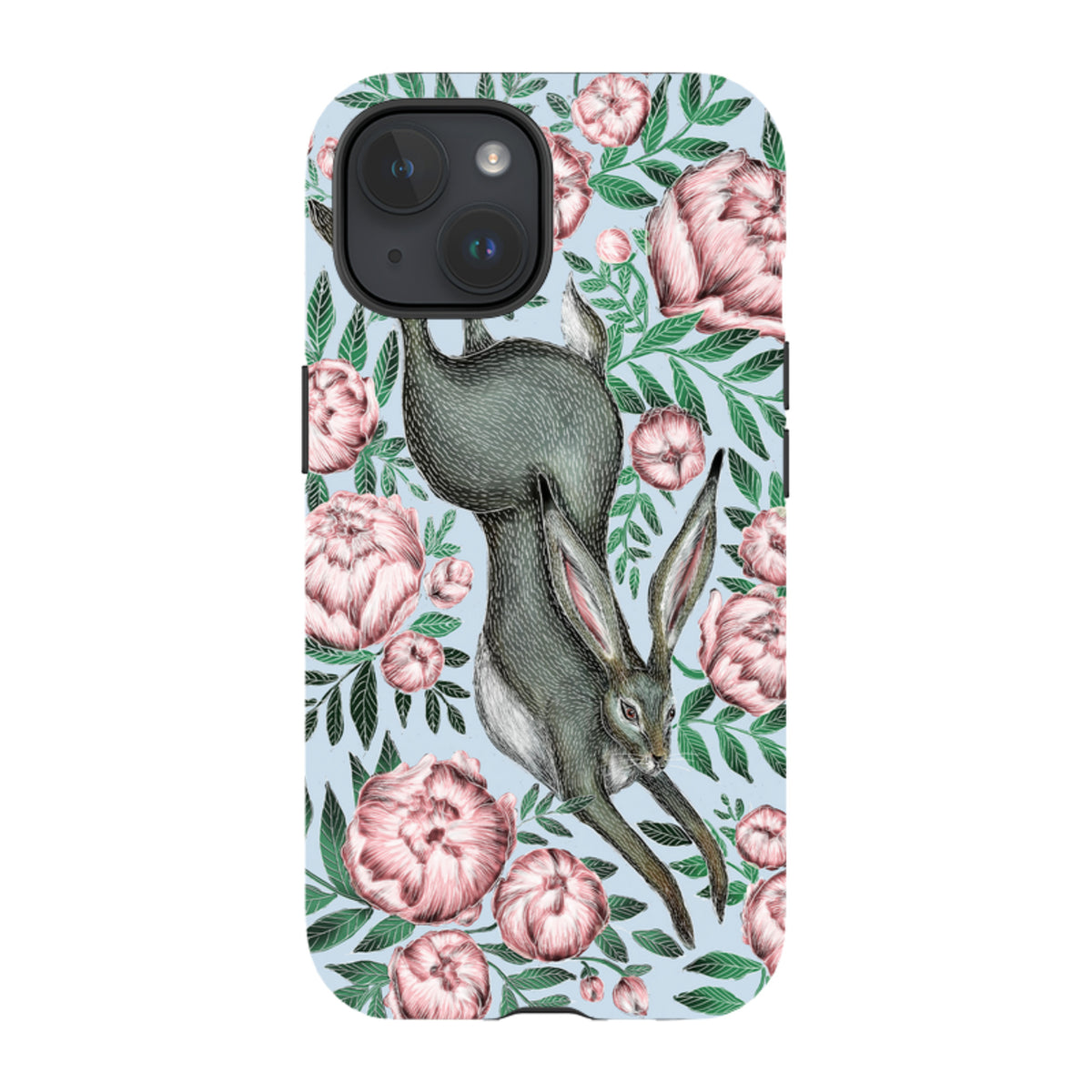 iPhone tough case featuring Catherine Rowe’s hare and pink peony floral illustration on a light blue background.
