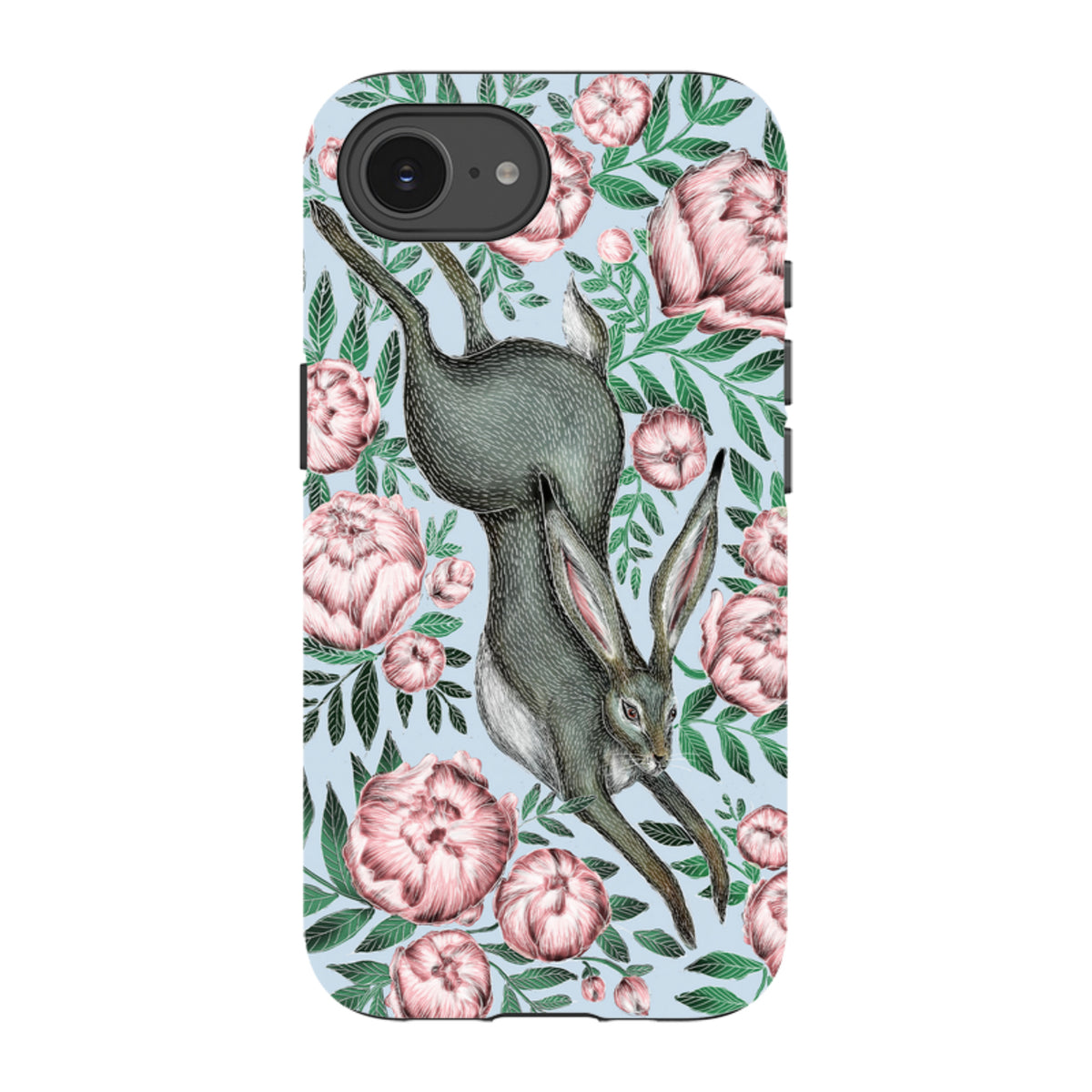 iPhone tough case featuring a grey hare leaping through pink peonies and green leaves on a light blue background.