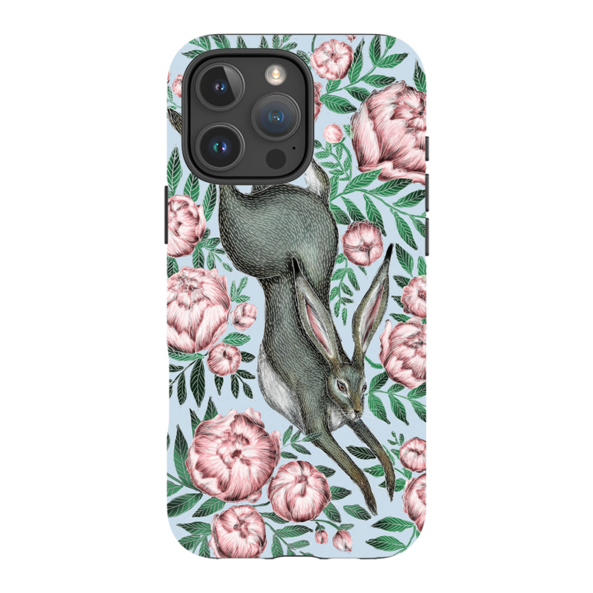 Dual-layer iPhone tough case featuring a grey hare and pink peonies on a light blue background with a protective finish.