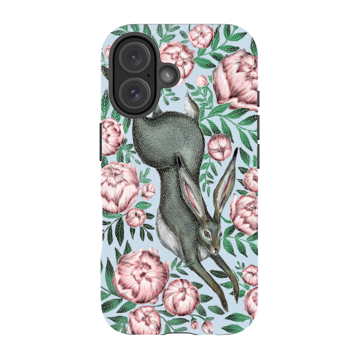 iPhone tough case featuring a grey hare surrounded by pink peonies and green leaves on a light blue background.