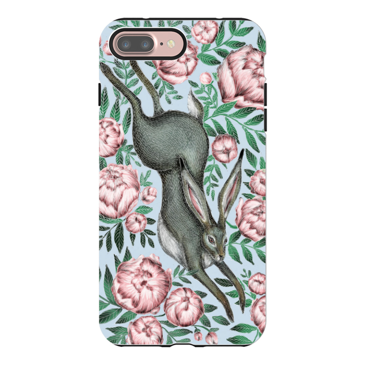 Dual-layer iPhone tough case featuring Catherine Rowe’s hare and pink peony floral art on a light blue background.