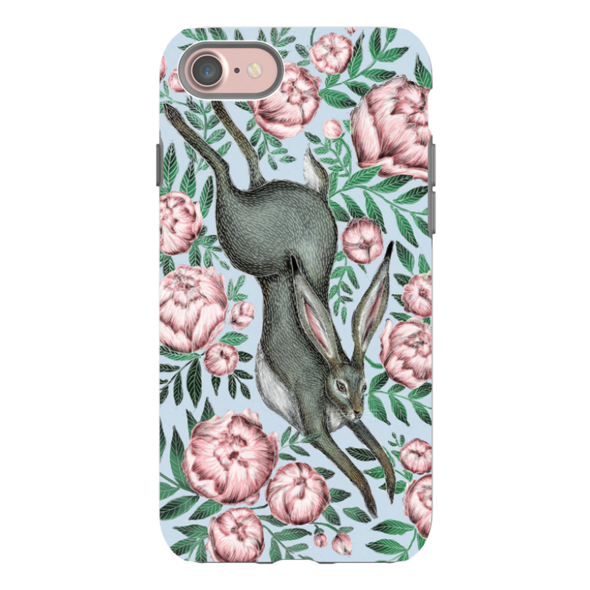 iPhone tough case featuring a grey hare leaping through pink peonies and green leaves on a light blue background.