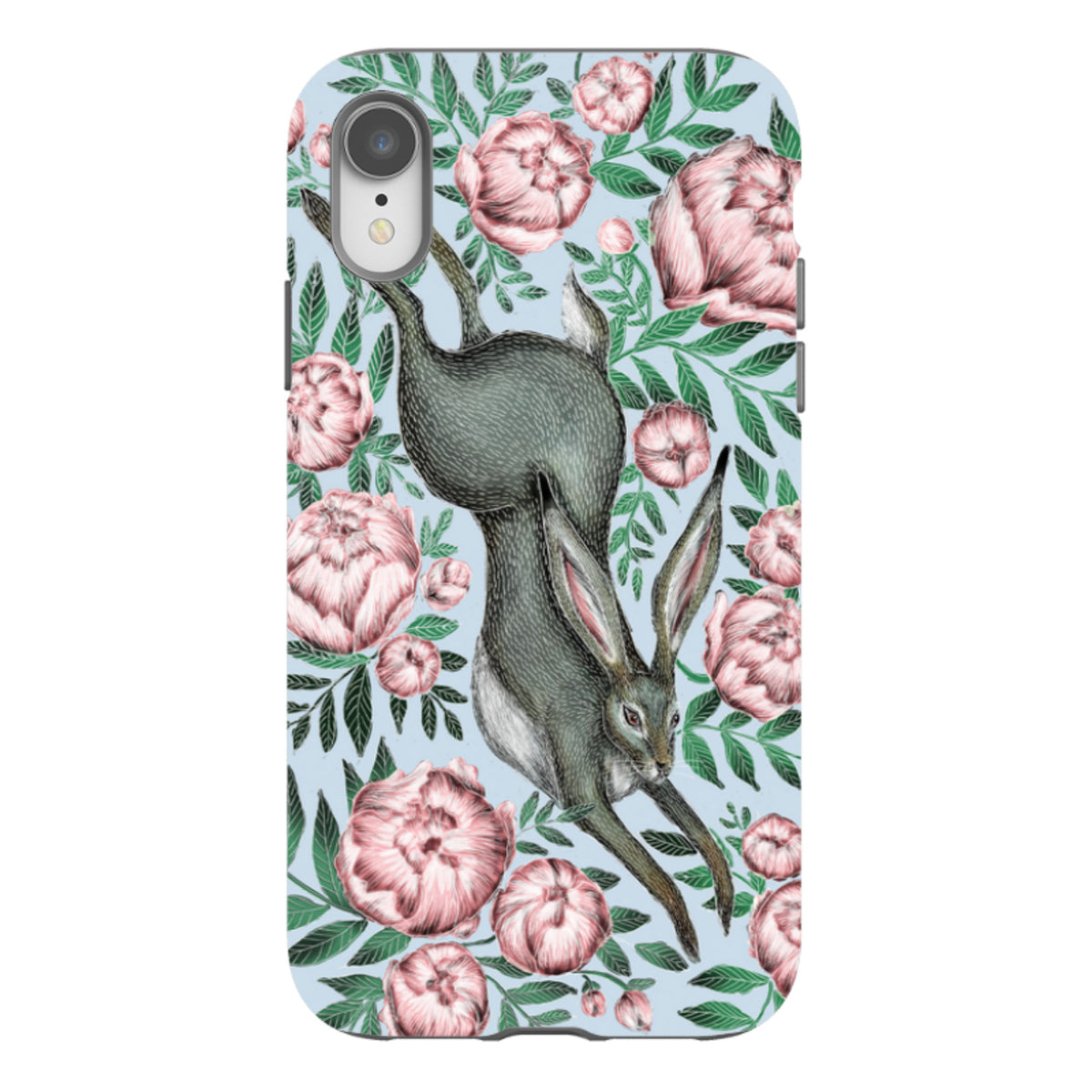 Dual-layer iPhone tough case featuring a grey hare leaping through pink peonies and green leaves on a light blue background.