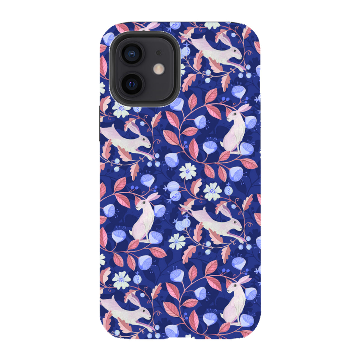 iPhone tough case featuring a white hare and floral pattern on a deep blue background with dual-layer protection.