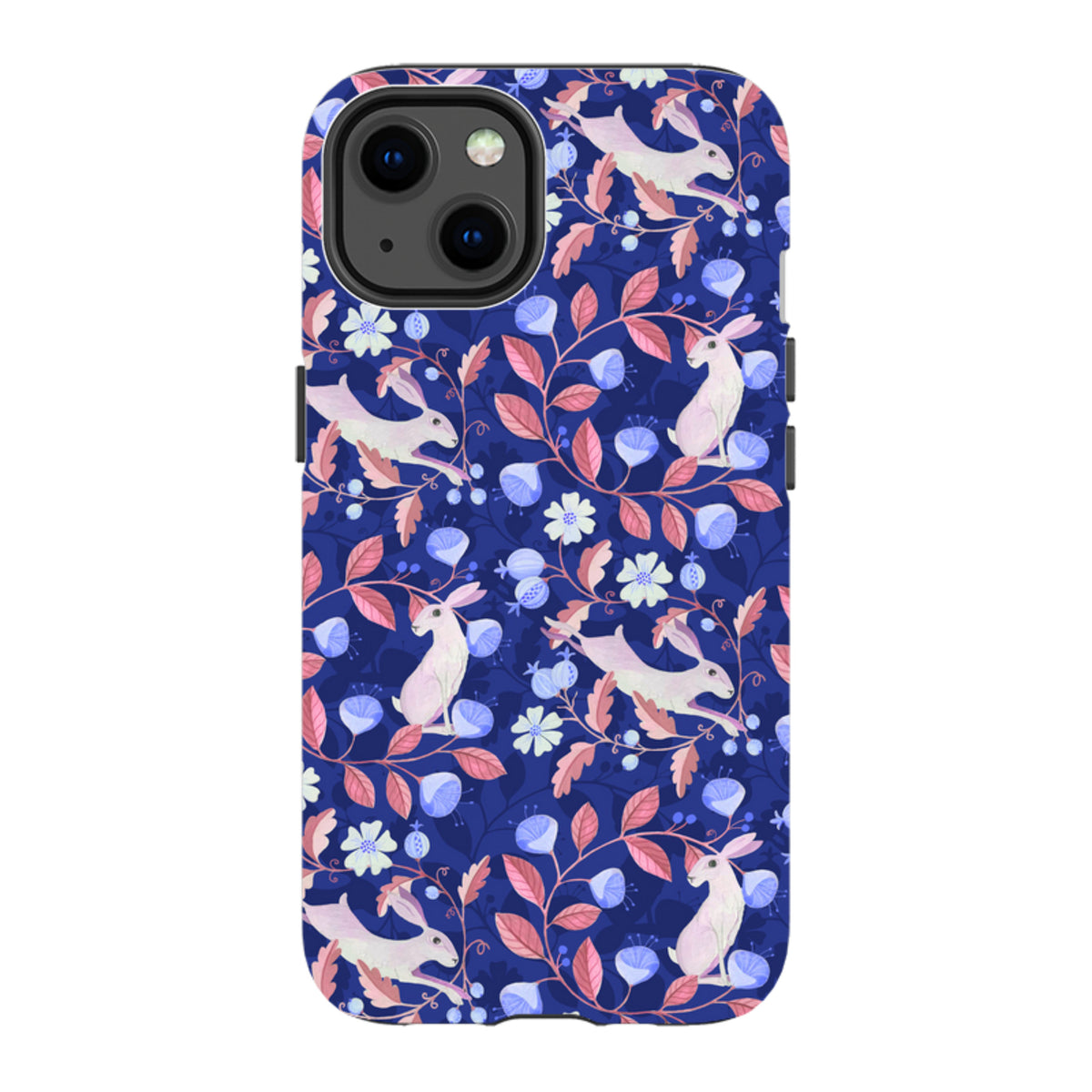 iPhone tough case with a blue floral pattern featuring white hares, pink leaves, and light blue flowers.