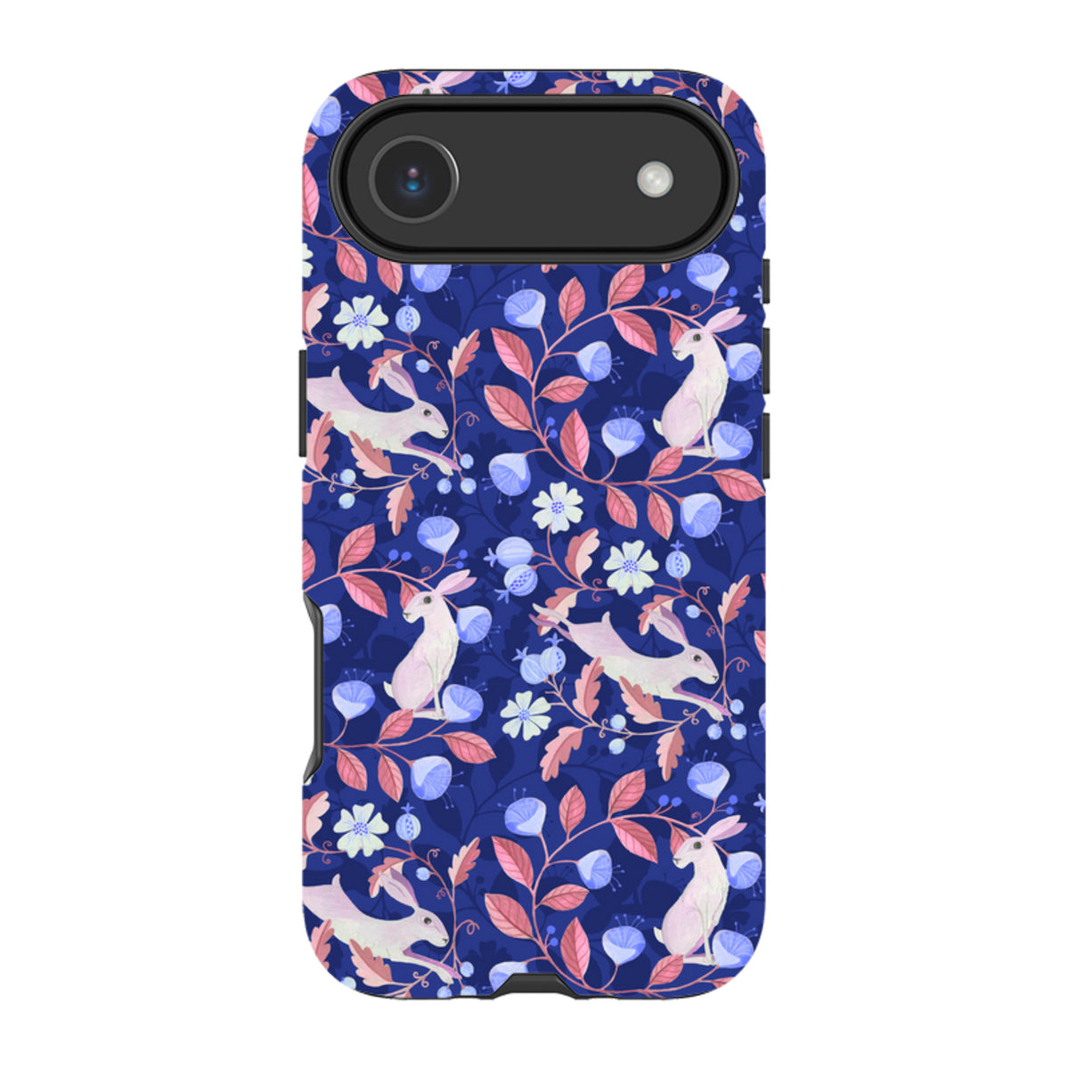 iPhone tough case featuring a blue floral pattern with white hares, pink leaves, and a protective dual-layer design.