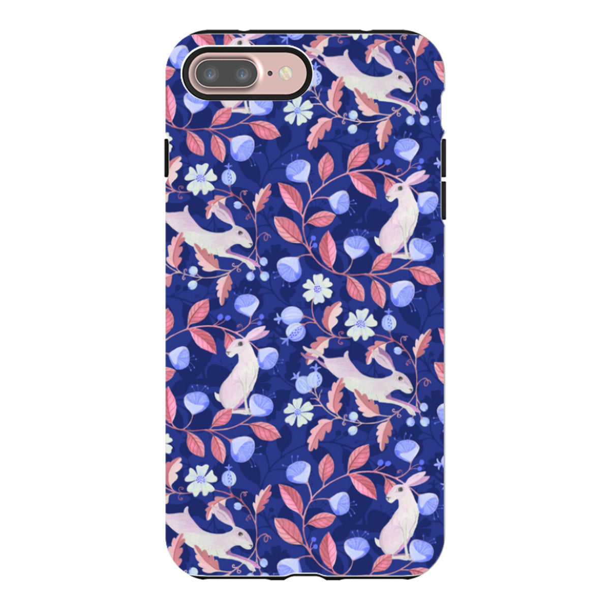 iPhone tough case featuring a blue floral pattern with white hares and pink leaves by Bex Parkin.
