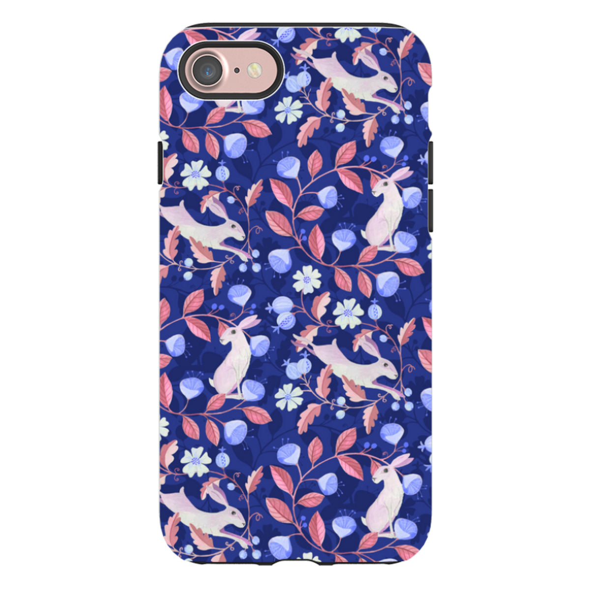 iPhone tough case with a blue floral pattern featuring white hares, pink leaves, and light blue flowers.