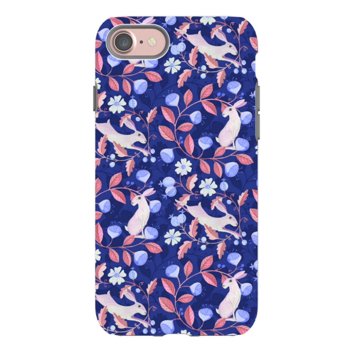 iPhone tough case featuring a dark blue floral pattern with white hares, pink leaves, and light blue flowers.