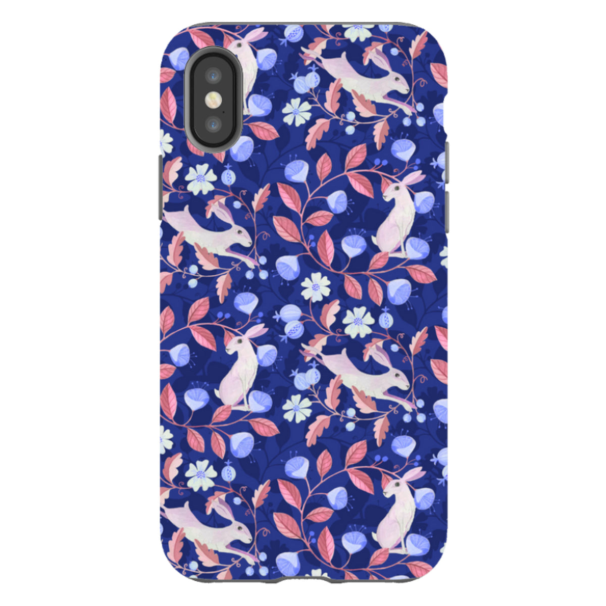 iPhone tough case with a dark blue floral pattern featuring white hares, pink leaves, and light blue blossoms.