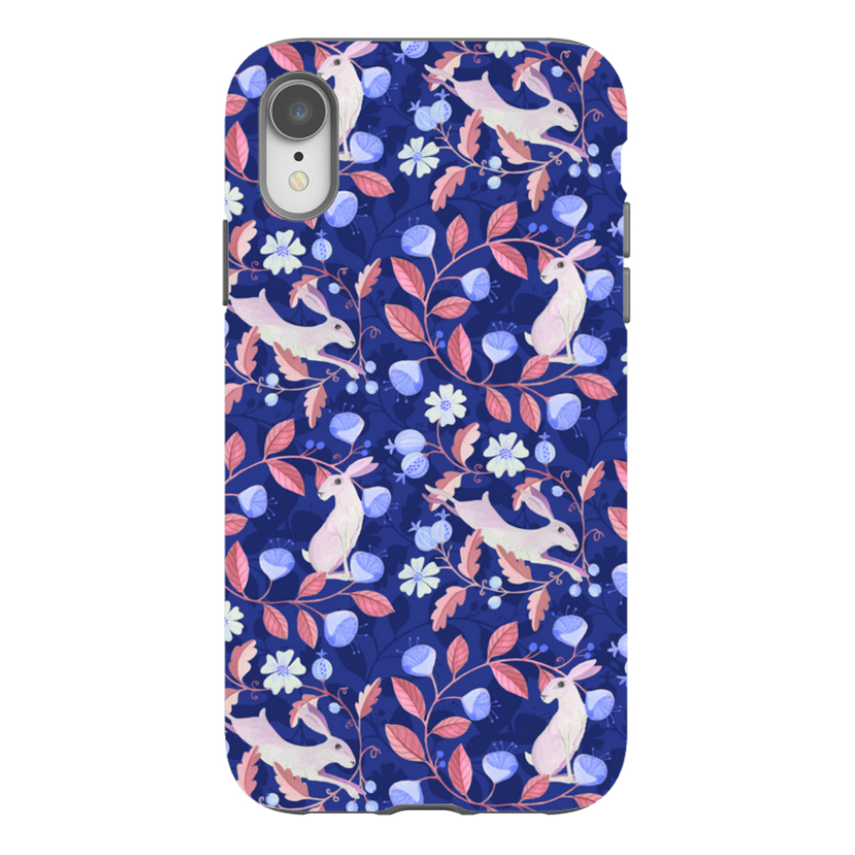 iPhone tough case featuring a white hare and floral pattern on a dark blue background with dual-layer protection.
