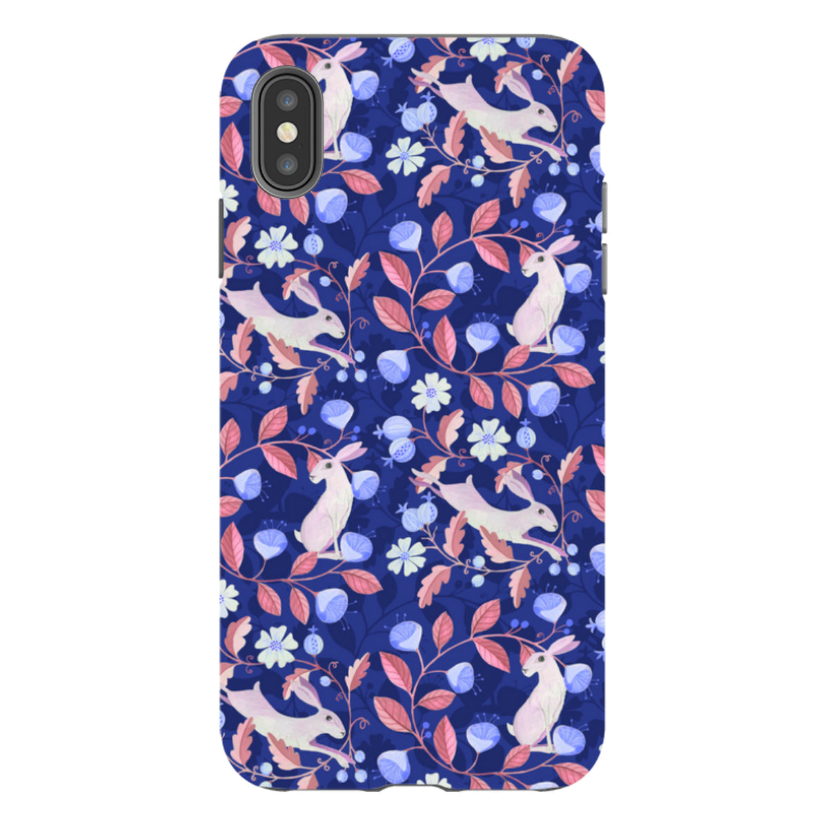 Dual-layer iPhone tough case featuring a blue botanical hare pattern with pink leaves and white flowers by Bex Parkin.