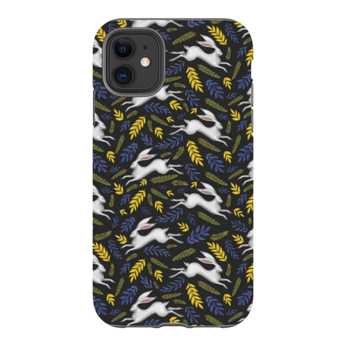 iPhone tough case featuring a black background with a white hare and colorful leaf pattern by Catherine Rowe.