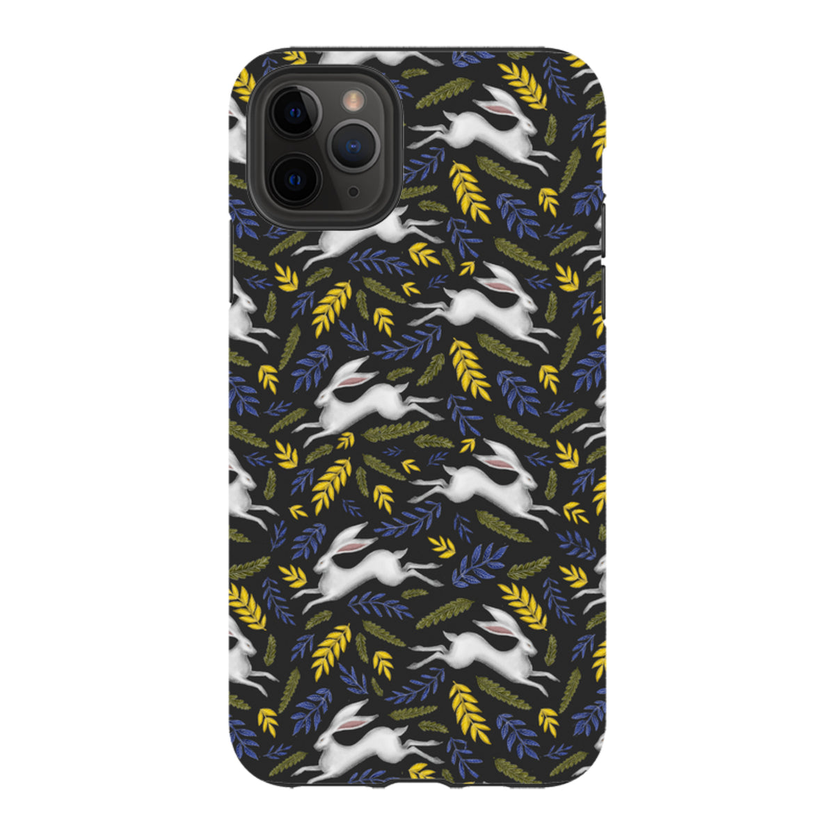 Dual-layer iPhone case with a black background featuring a repeating pattern of white hares, yellow leaves, and blue foliage.