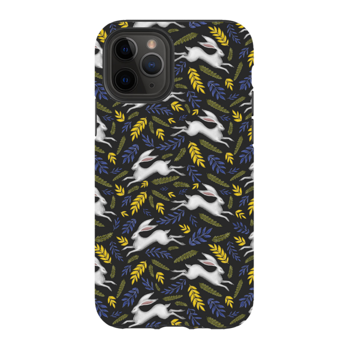 Dual-layer iPhone case with a black background featuring a white hare and colorful leaf pattern by Catherine Rowe.