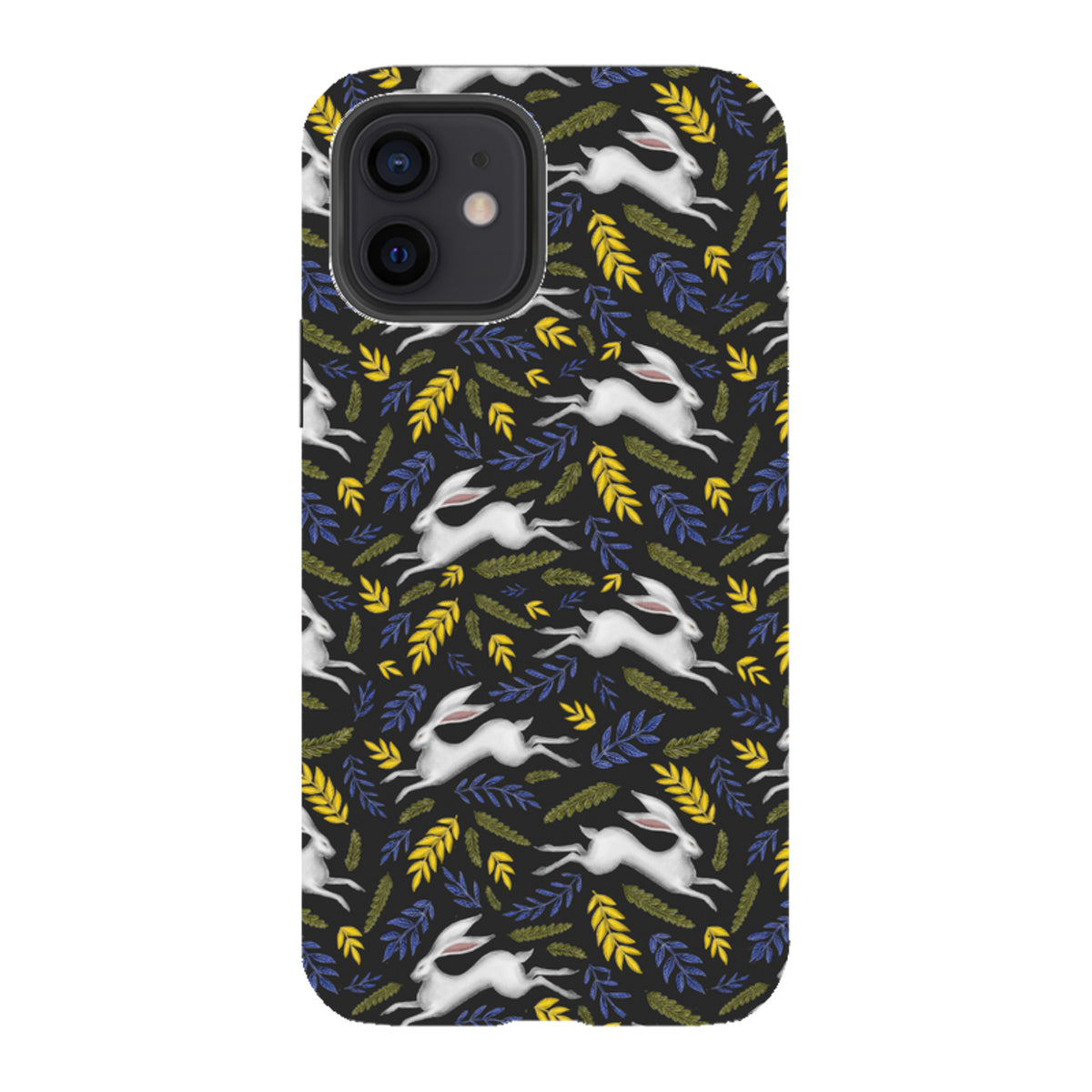 iPhone tough case with a black background featuring a repeating pattern of white hares, yellow leaves, and blue ferns.