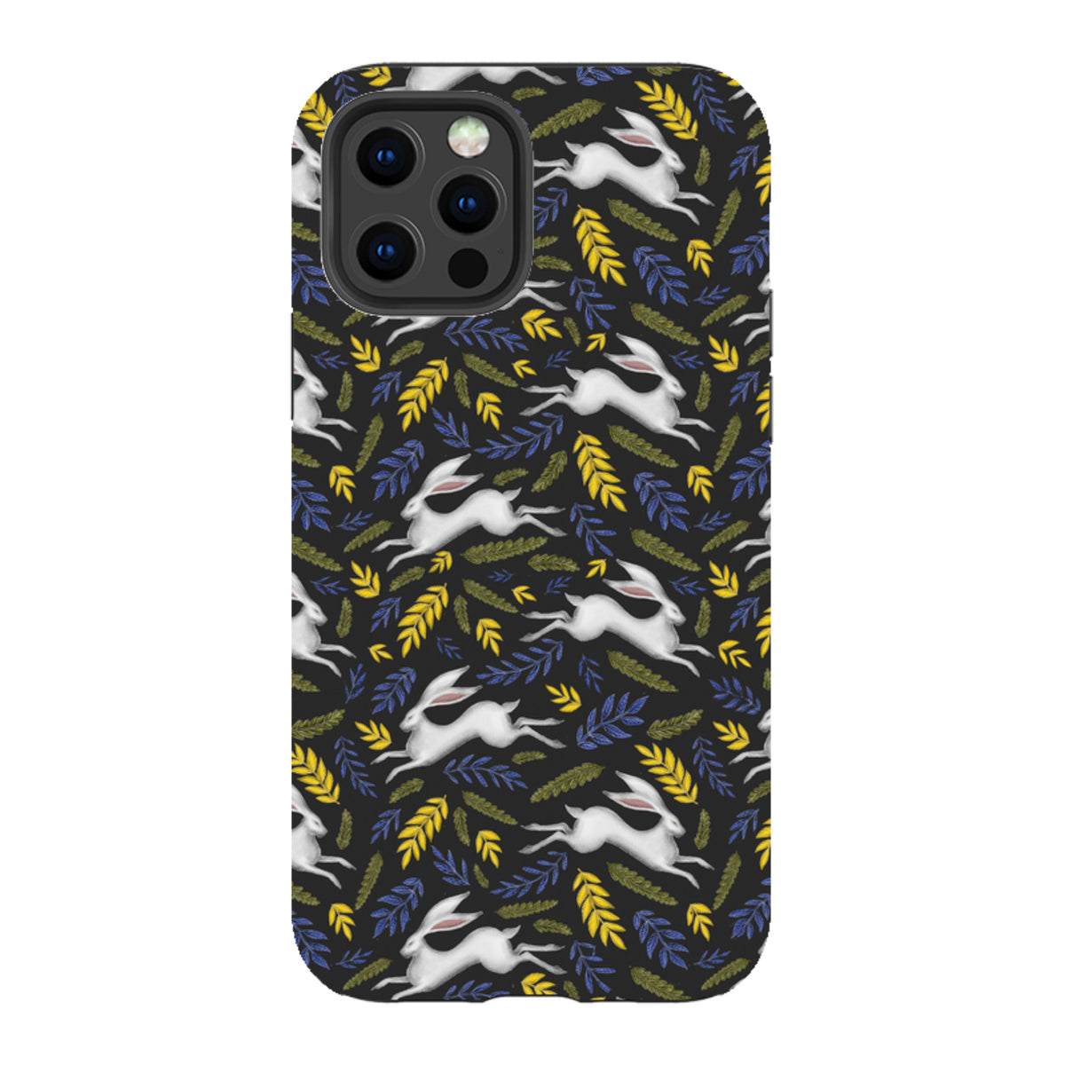 iPhone tough case featuring a black background with a repeating pattern of white hares, yellow wheat, and blue leaves.