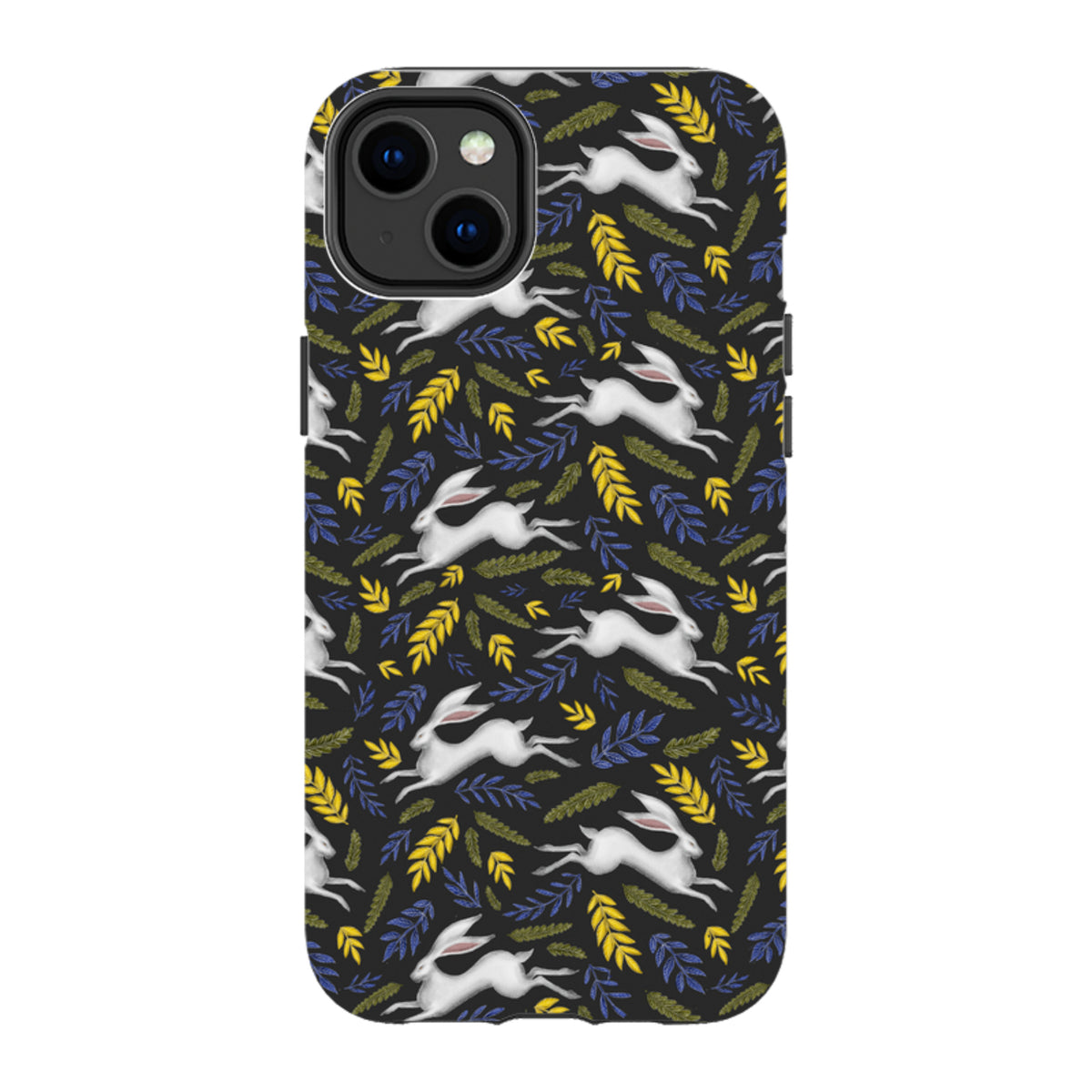 iPhone tough case featuring a black background with a white hare and colorful leaf pattern by Catherine Rowe.
