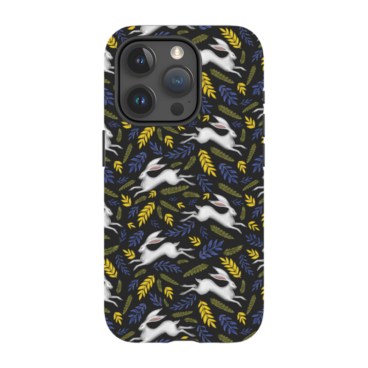 iPhone tough case featuring a black background with white running hares and colorful yellow and blue leaf patterns.