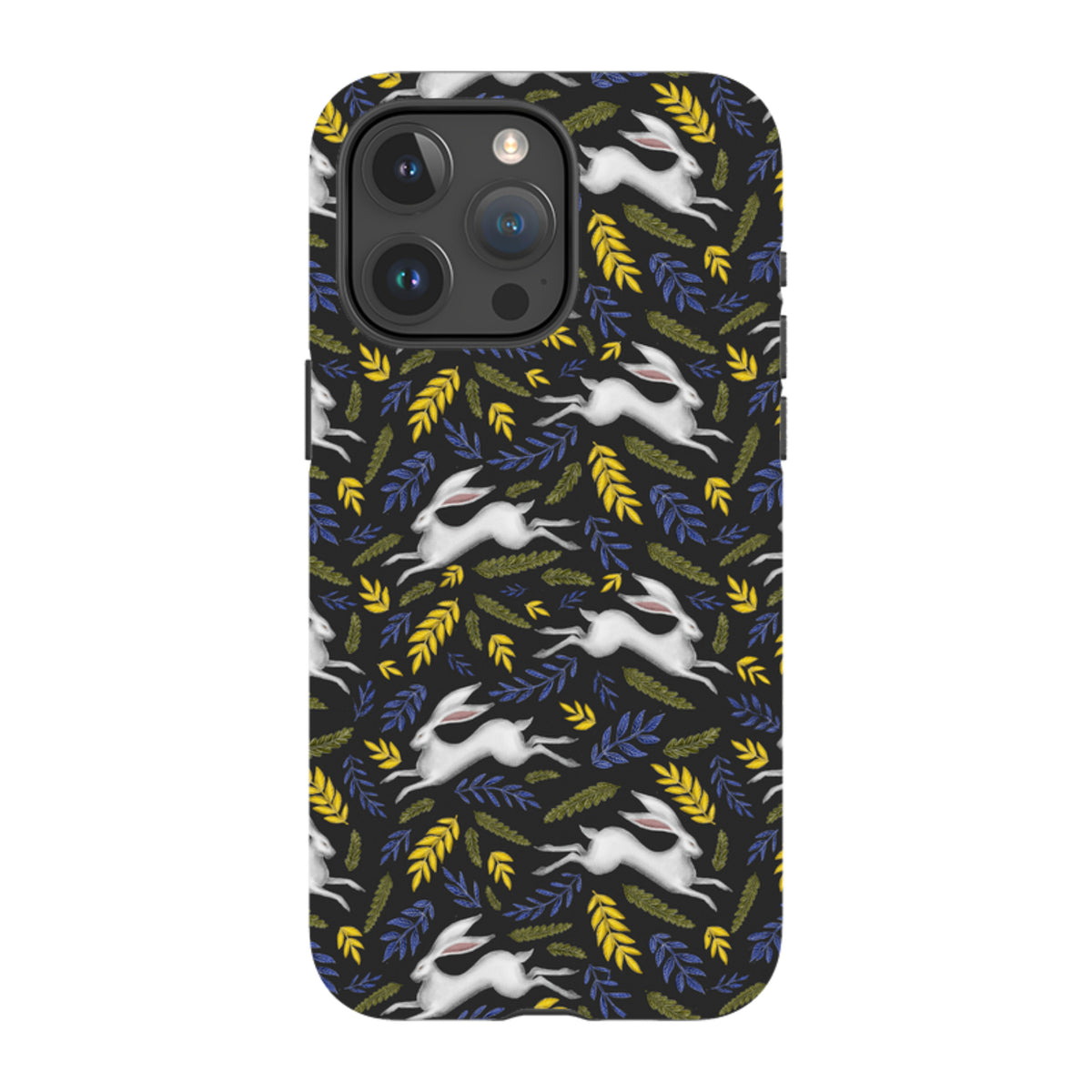 iPhone tough case featuring a black background with a white hare and colorful leaf pattern by Catherine Rowe.