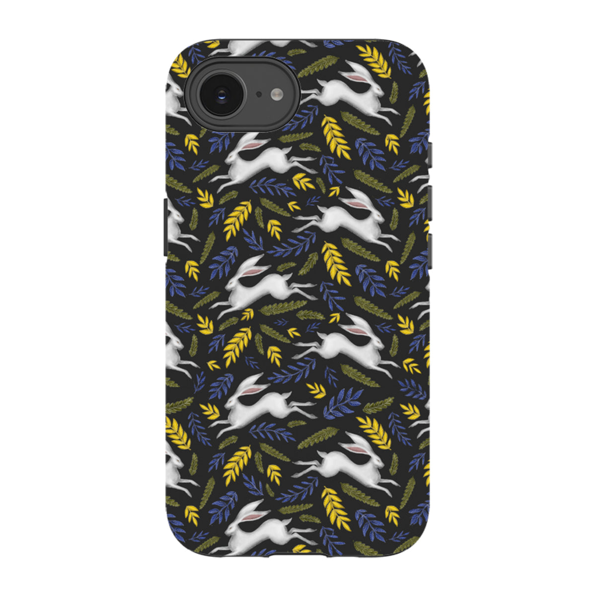 iPhone tough case with a black background featuring a white hare and yellow and blue leaf pattern by Catherine Rowe.