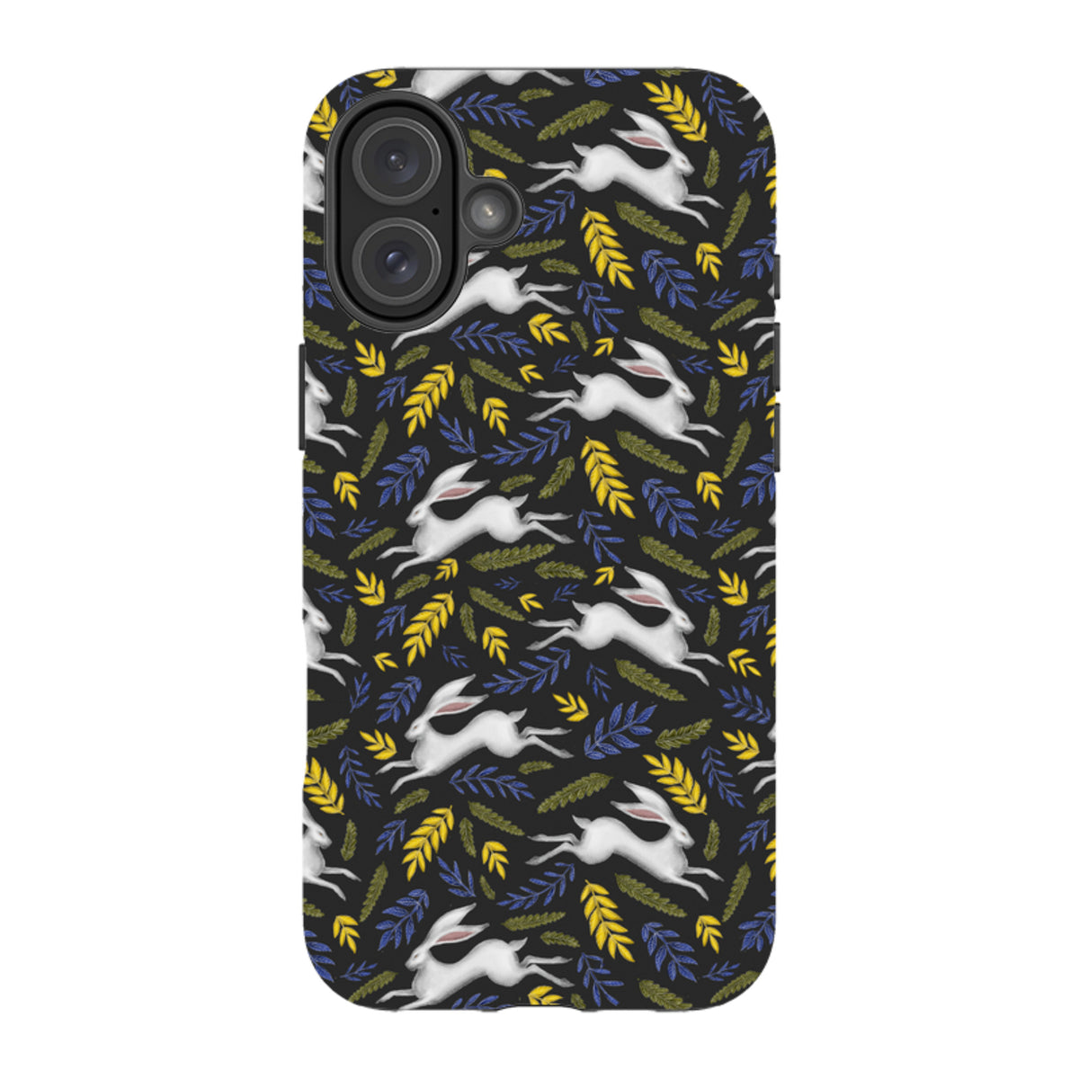 Dual-layer iPhone tough case featuring a black background with a repeating pattern of white hares, yellow wheat, and blue leaves.