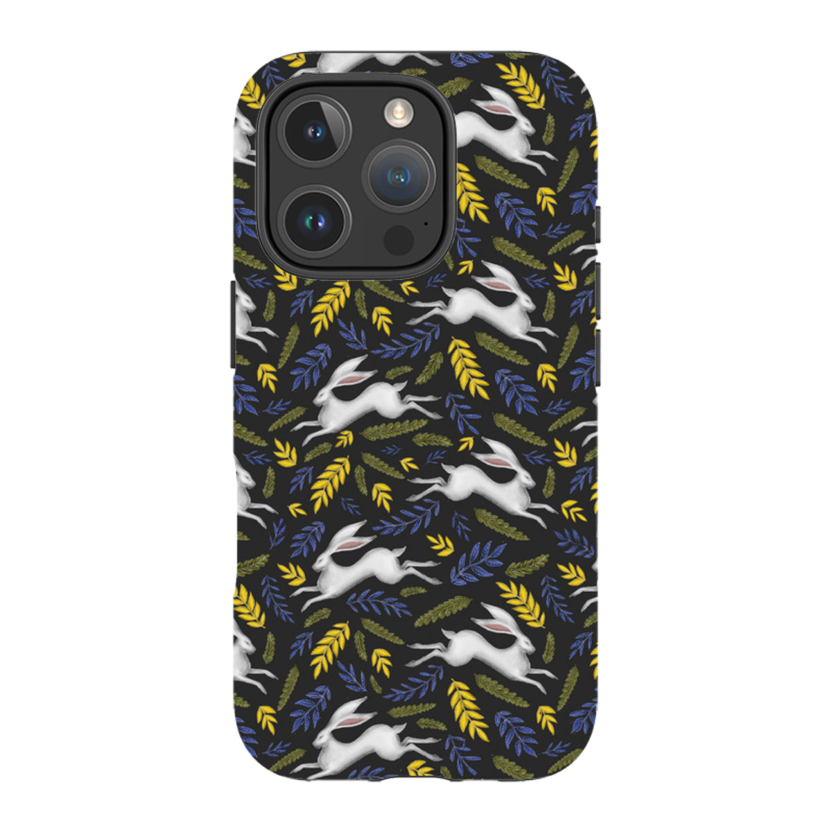 iPhone tough case featuring a black background with a white hare and colorful leaf pattern by Catherine Rowe.