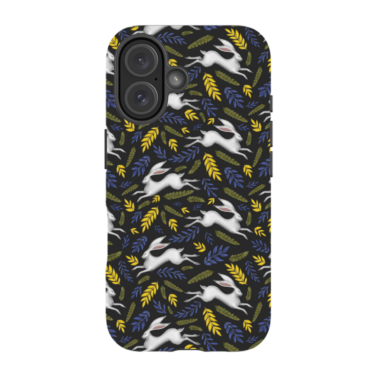 iPhone tough case featuring a black background with white hares and yellow and blue leaf patterns.