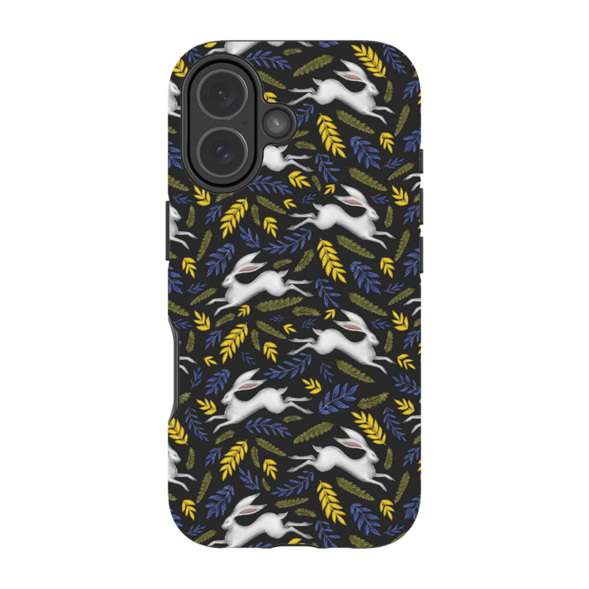 Dual-layer iPhone tough case with a black background, white hare illustrations, and yellow and blue leaf patterns.