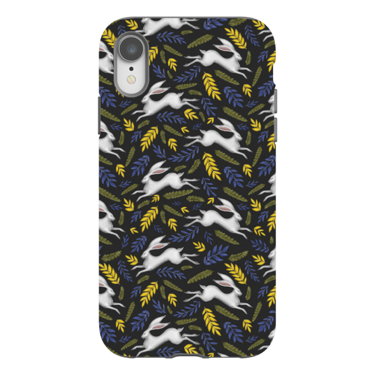 iPhone tough case featuring a black background with a repeating pattern of white hares, yellow wheat, and blue leaves.