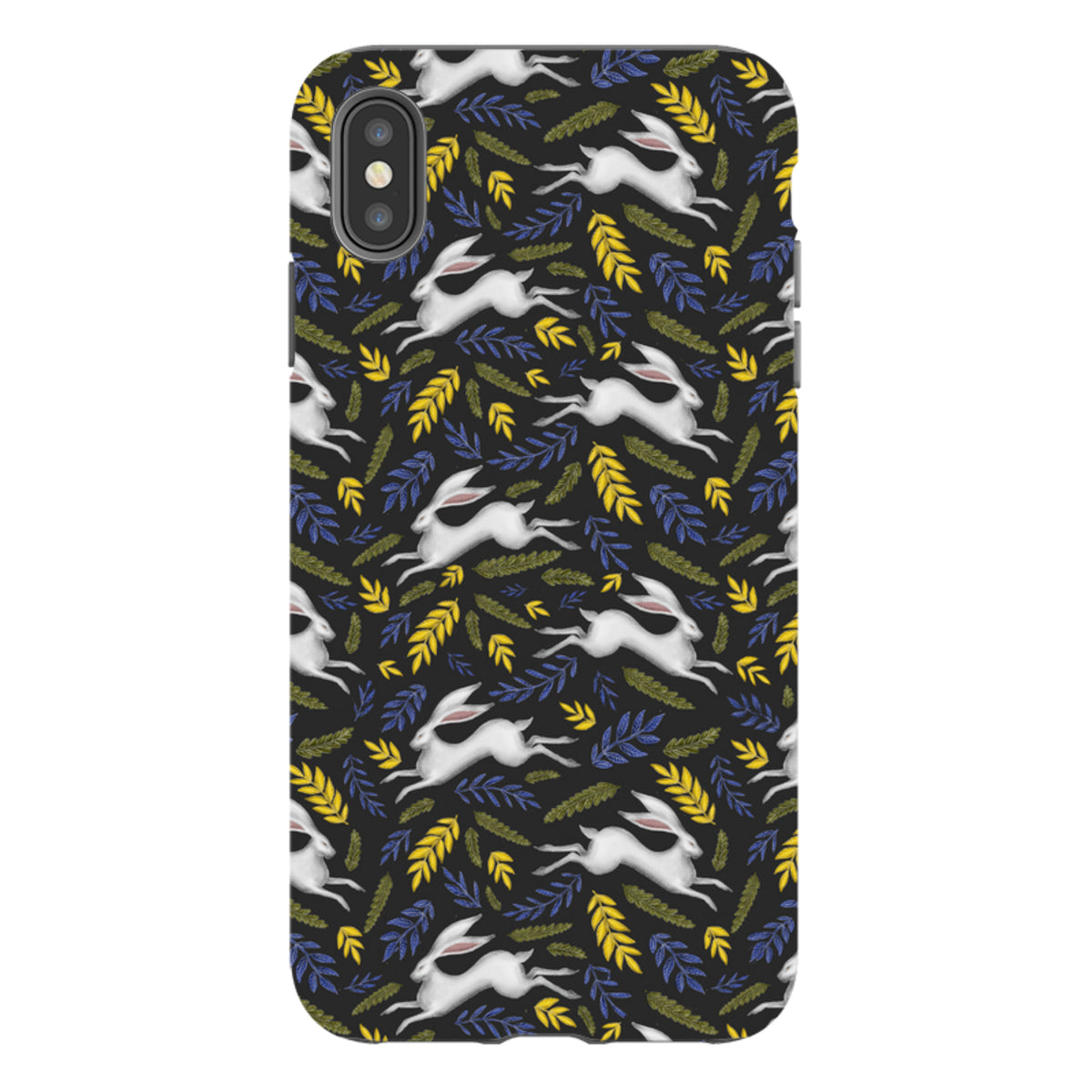 iPhone tough case with a black background featuring a repeating pattern of white hares, yellow wheat, and blue leaves.